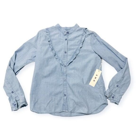 AMO Cooper Ruffled Chambray Shirt, Chambray, Size M, NWT, - Picture 5 of 14